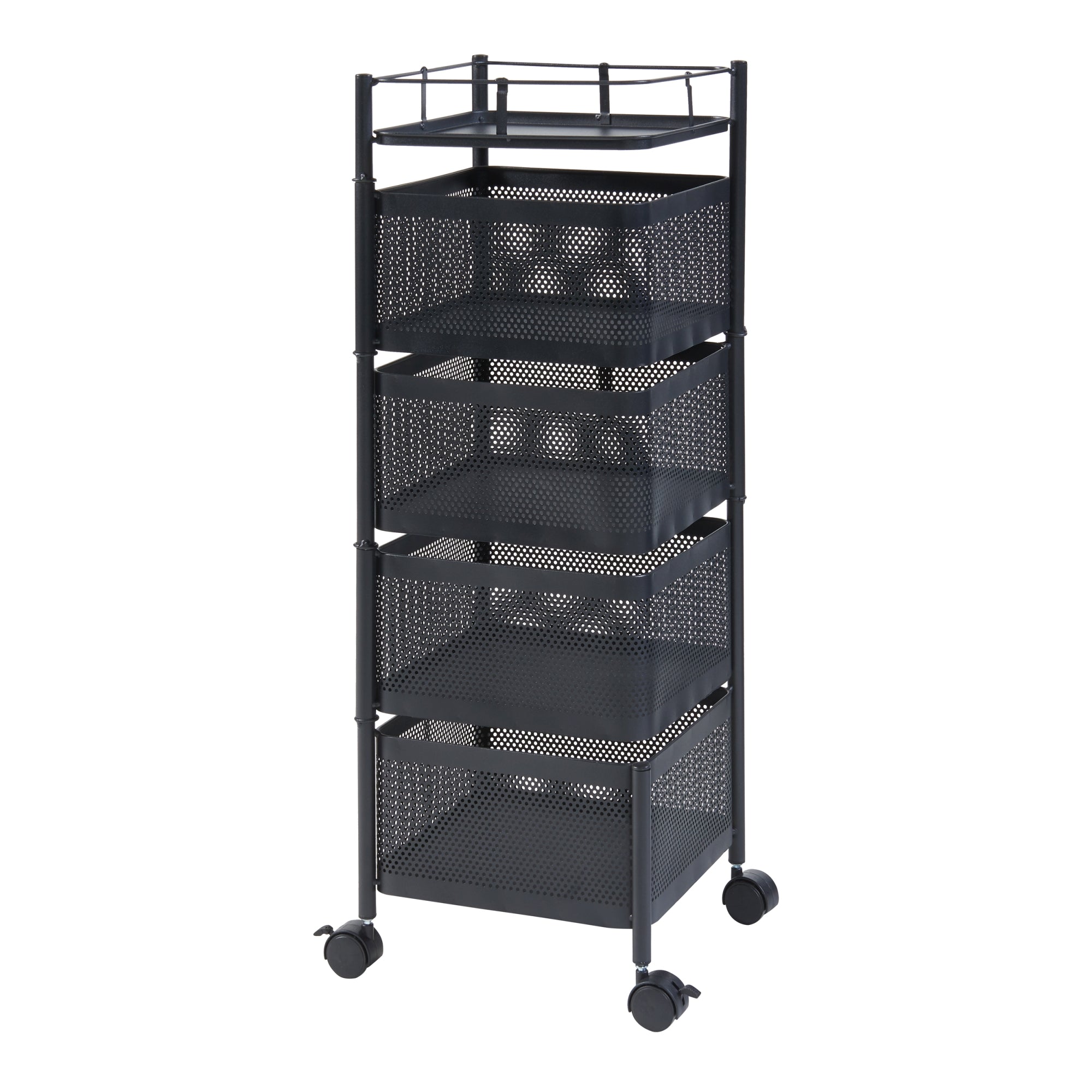 Carrello da Stoccaggio Sunndal in Acciaio con 4 Cestelli Girevoli - Nero [en.casa]
