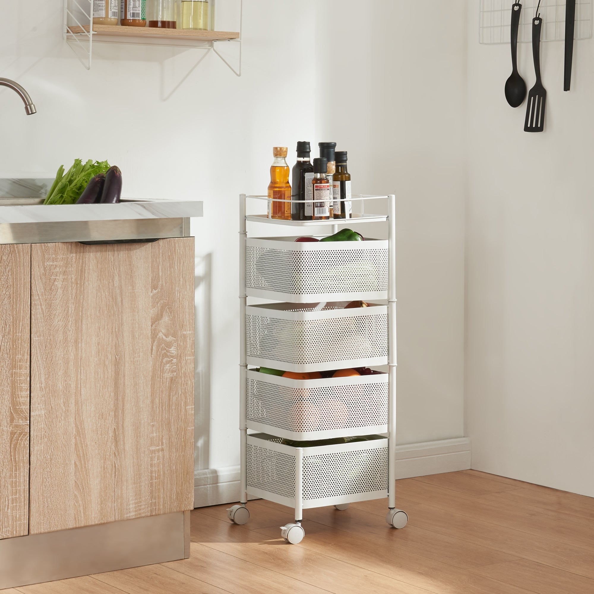 Carrello da Stoccaggio Sunndal in Acciaio con 4 Cestelli Girevoli - Bianco [en.casa]