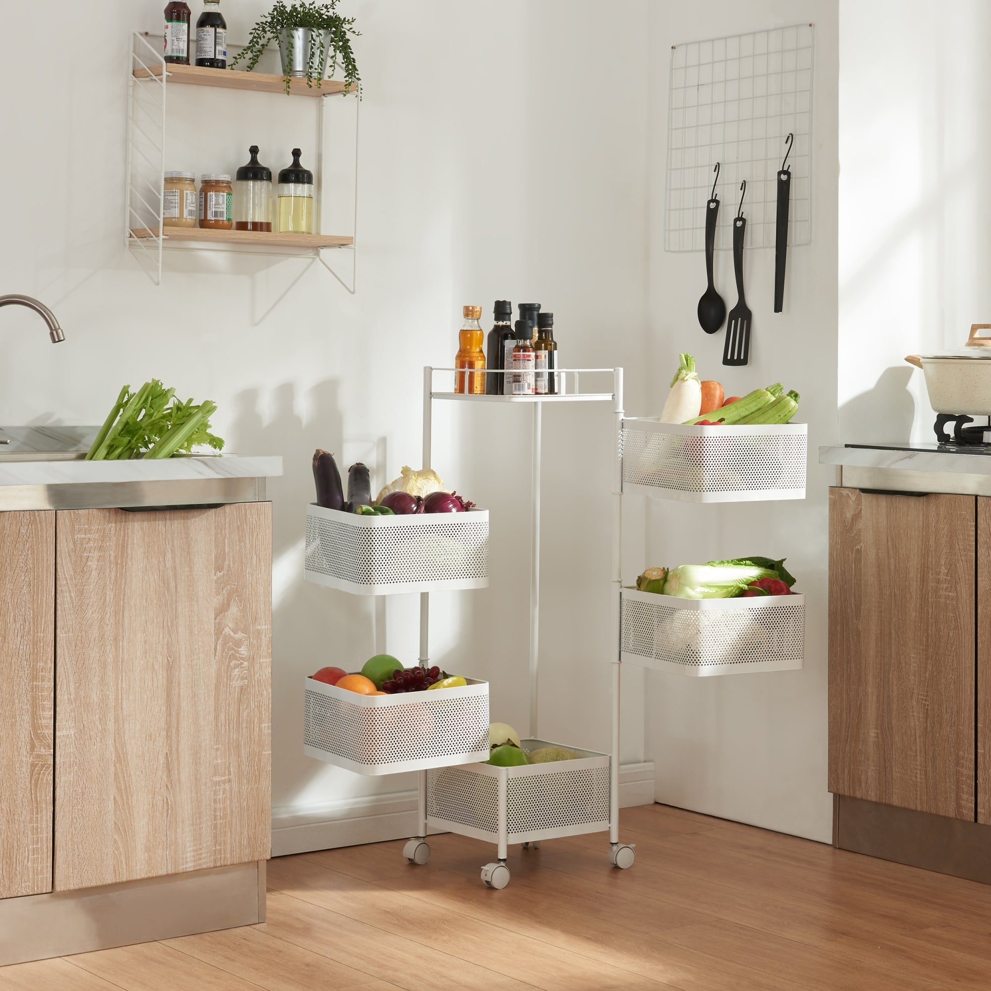 Carrello da Stoccaggio Sunndal in Acciaio con 5 Cestelli Girevoli - Bianco [en.casa]