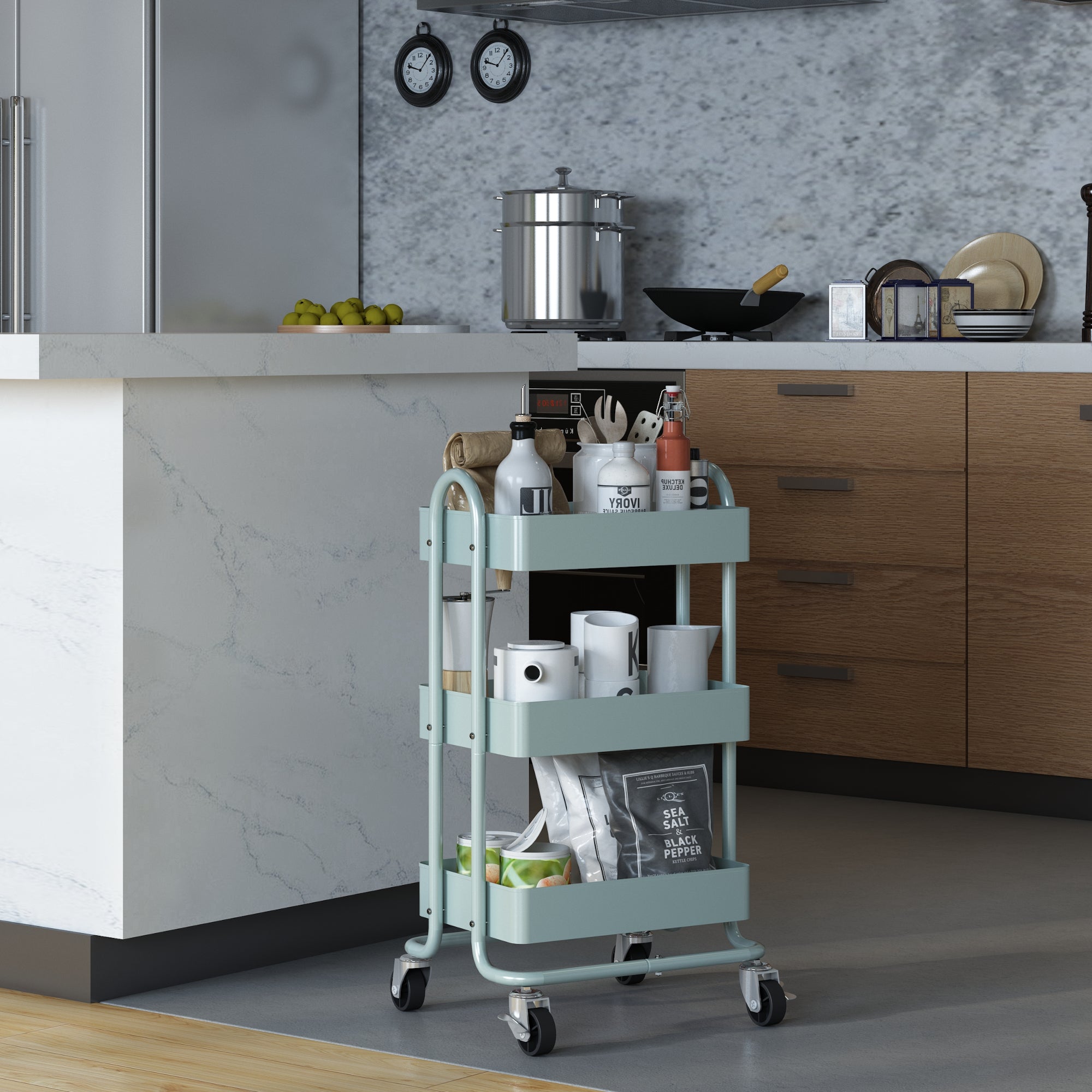 Carrello da Cucina 'Pyhäntä' in Acciaio con 3 Contenitori - Menta Verde [en.casa]
