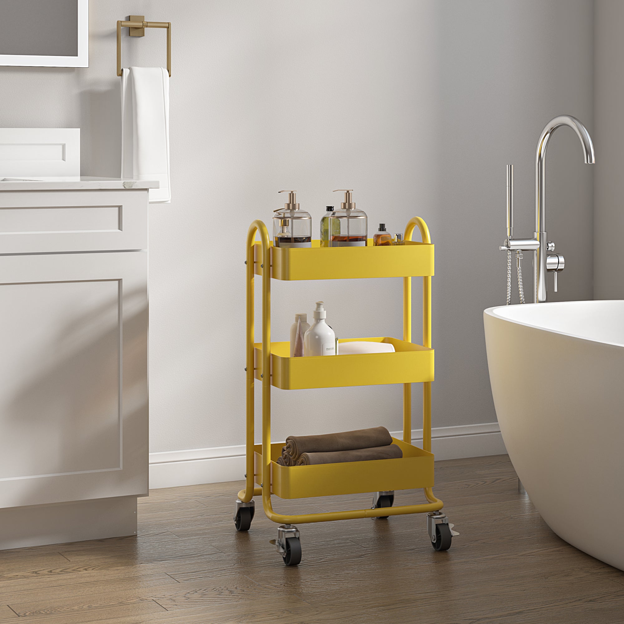 Carrello da Cucina 'Pyhäntä' in Acciaio con 3 Contenitori - Giallo [en.casa]