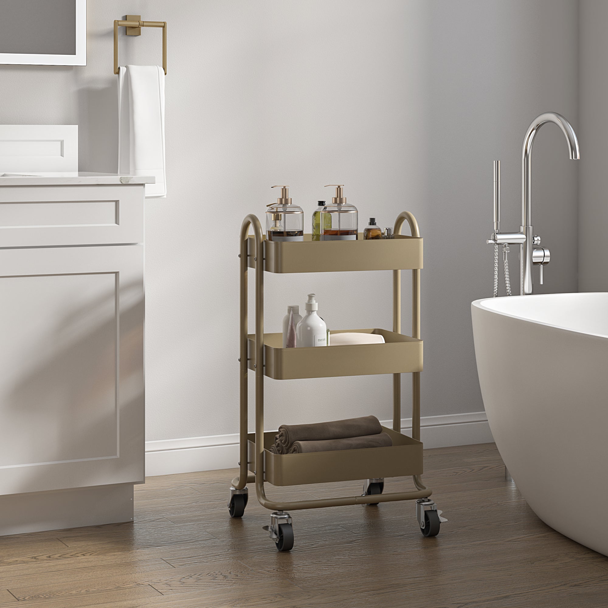 Carrello da Cucina 'Pyhäntä' in Acciaio con 3 Contenitori - color Cammello [en.casa]