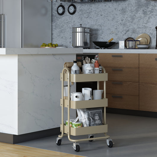 Carrello da Cucina 'Pyhäntä' in Acciaio con 3 Contenitori - color Cammello [en.casa]