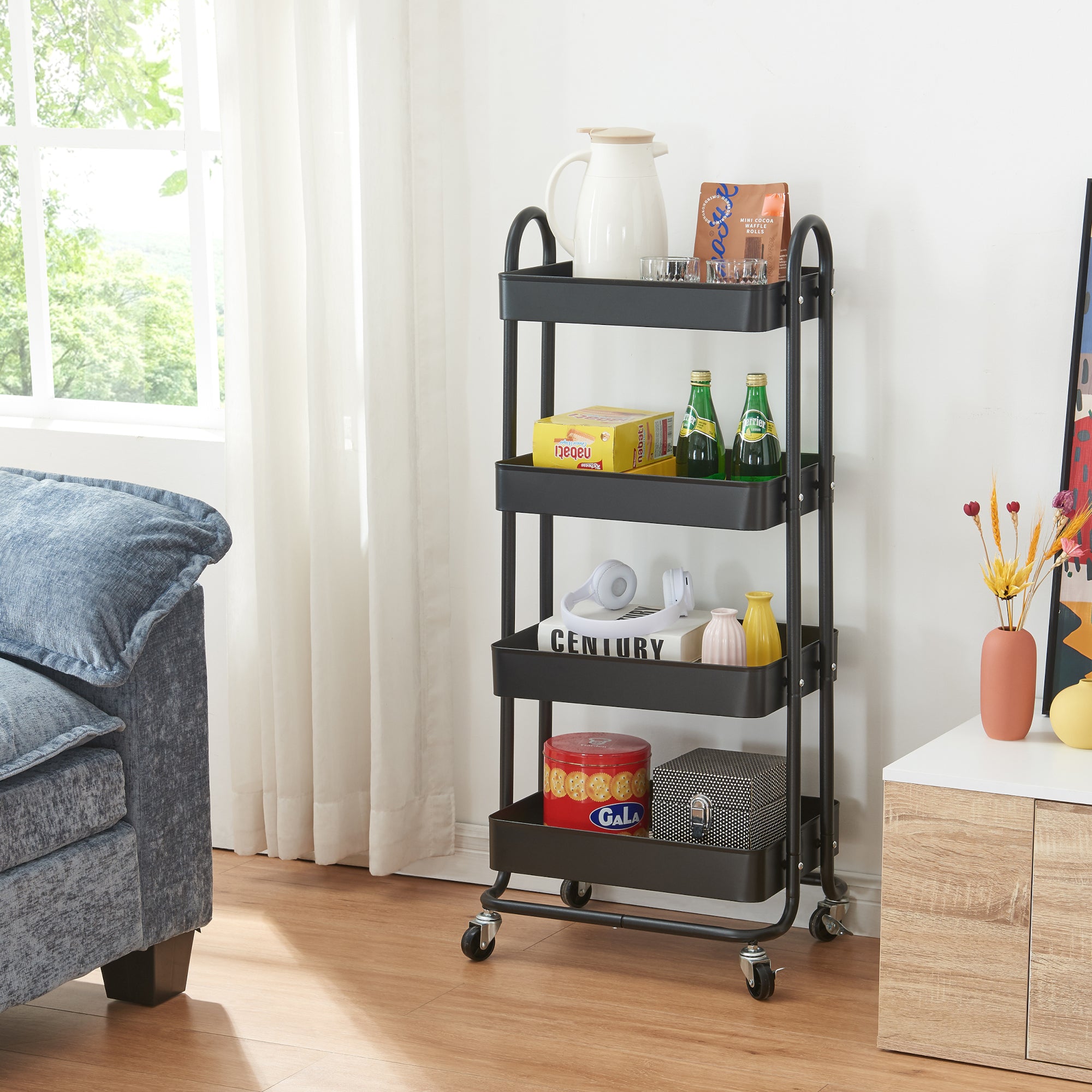 Carrello da Stoccaggio Pyhäntä con 4 Contenitori - Acciaio Nero [en.casa]