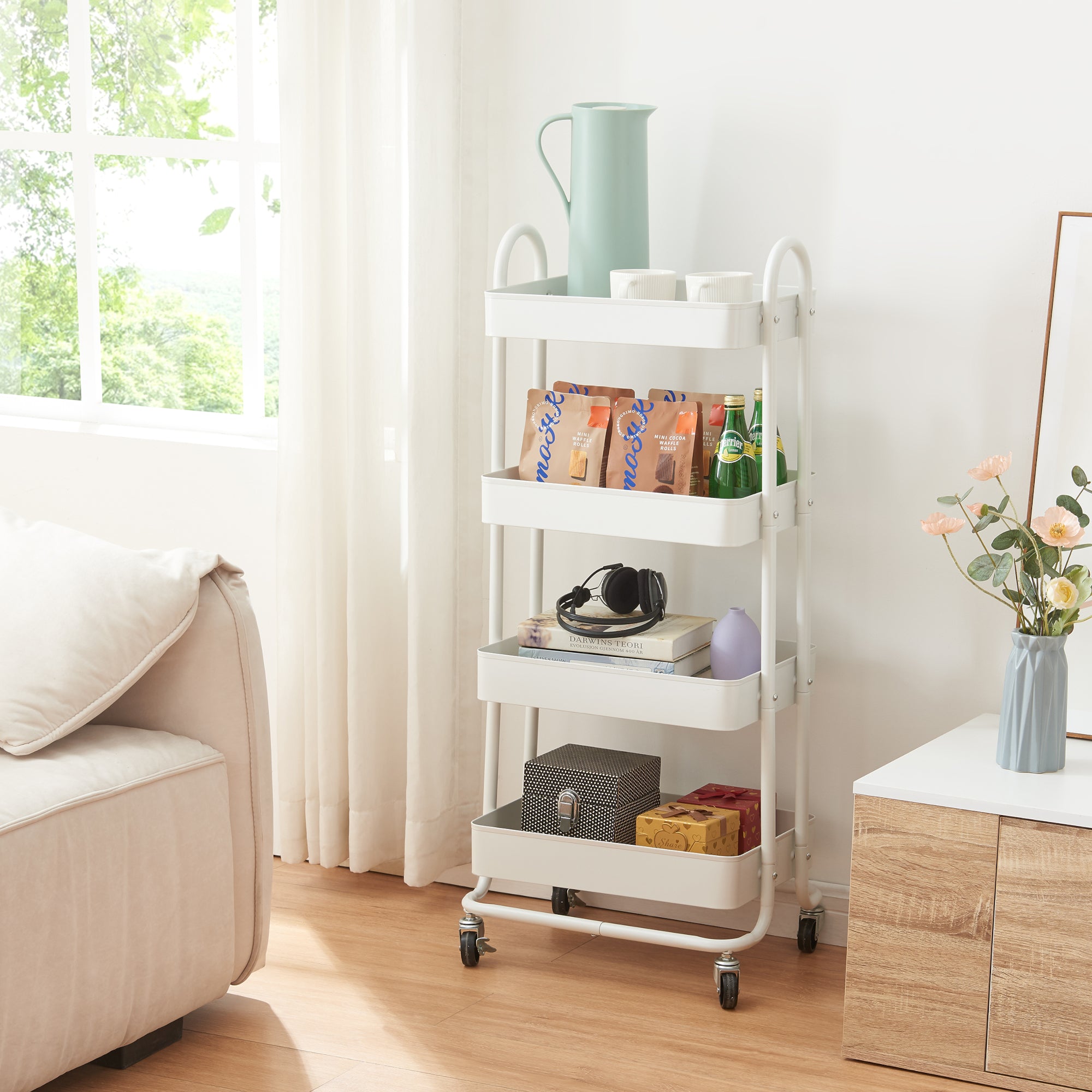 Carrello da Stoccaggio Pyhäntä con 4 Contenitori - Acciaio Bianco [en.casa]