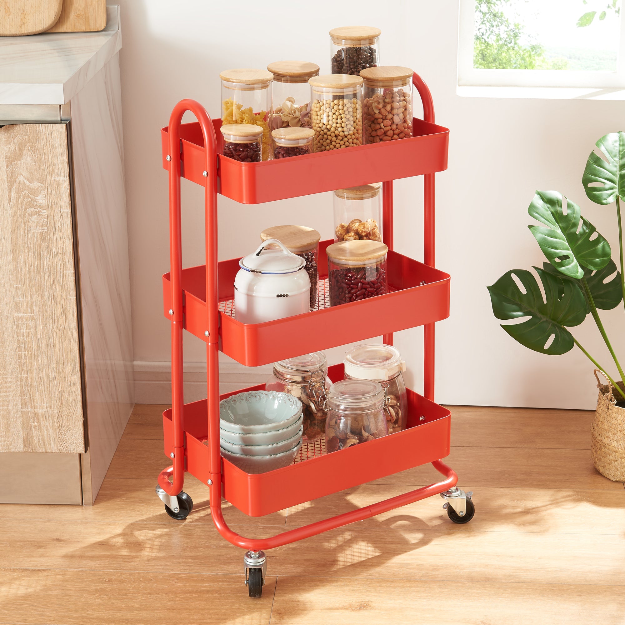 Carrello da Stoccaggio Pyhäntä con 3 Contenitori - Acciaio Rosso [en.casa]