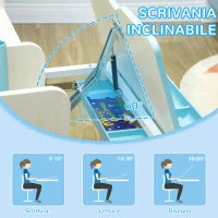 Banco Scuola con Sedia per Bambini 3-12 Anni, Altezza Regolabile e Piano Inclinabile, Azzurro