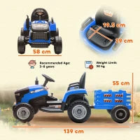 Trattore Elettrico per Bambini con Rimorchio Estraibile Batteria 12V Velocità 3-5 km/h, Telecomando 2,4G Blu