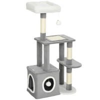 Albero Tiragraffi per Gatti con Casetta, Lettino e 2 Palline, in Legno e Peluche, 55x40x107 cm, Grigio e Bianco