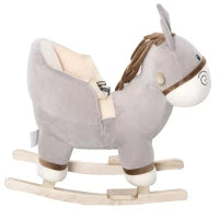 Cavallo a Dondolo per Bambini 18-36 Mesi, Cavalluccio a Dondolo a Forma di Asino con Suoni Realistici in Legno di Pioppo e Peluche, Grigio