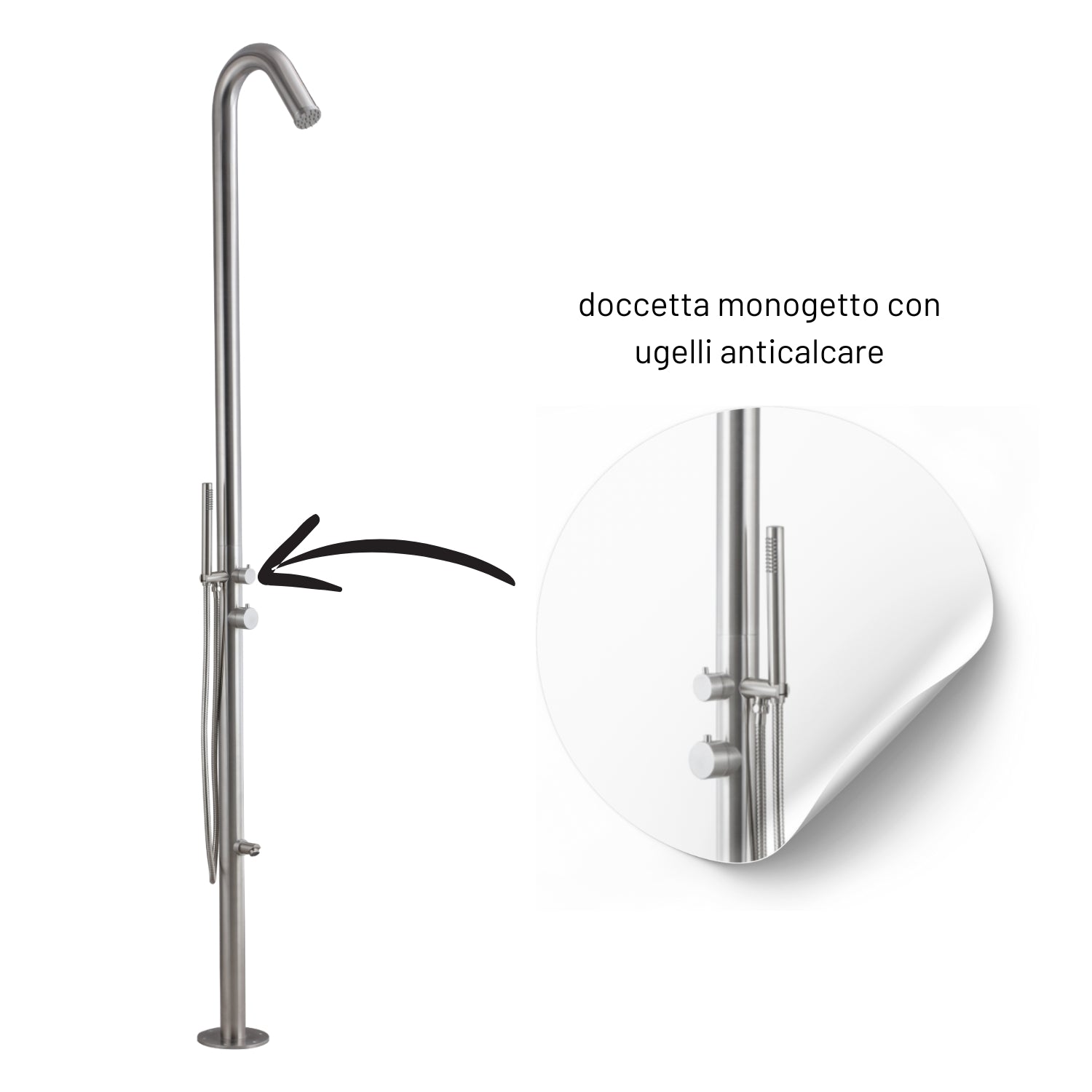 Colonna doccia da esterno betulla a pavimento inox spazzolato con lava piedi *** finitura- spazzolato, confezione 1