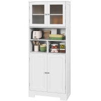 Credenza Cucina con 2 Armadietti e 3 Vani Aperti, Ante a Vetro e Ripiani Regolabili, 60x30x145.5 cm, Bianco