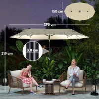Ombrellone Doppio con Luci LED e Base a Croce, in Poliestere e Acciaio, 295x150x219 cm, Bianco Crema