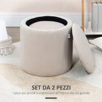 Set di 2 Pouf Contenitore Salvaspazio Rotondi e Imbottiti in Velluto a Coste, Bianco