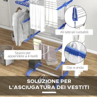 Stendino Verticale con 4 Ripiani Regolabili, in Acciaio e Plastica, 142x55x172 cm, Blu e Argento
