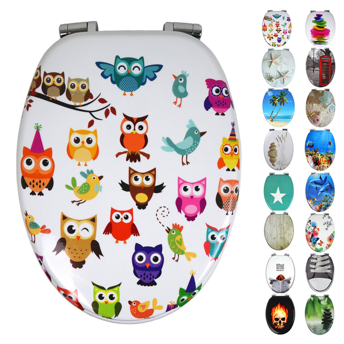 Sedile copri wc universale frizionato fantasia mdf chiusura rallentata *** fantasia color owl, confezione 1