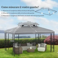 Copertura per Gazebo 4x3 m a 2 Livelli in Poliestere con Cinghie e 10 Fori di Drenaggio, Grigio