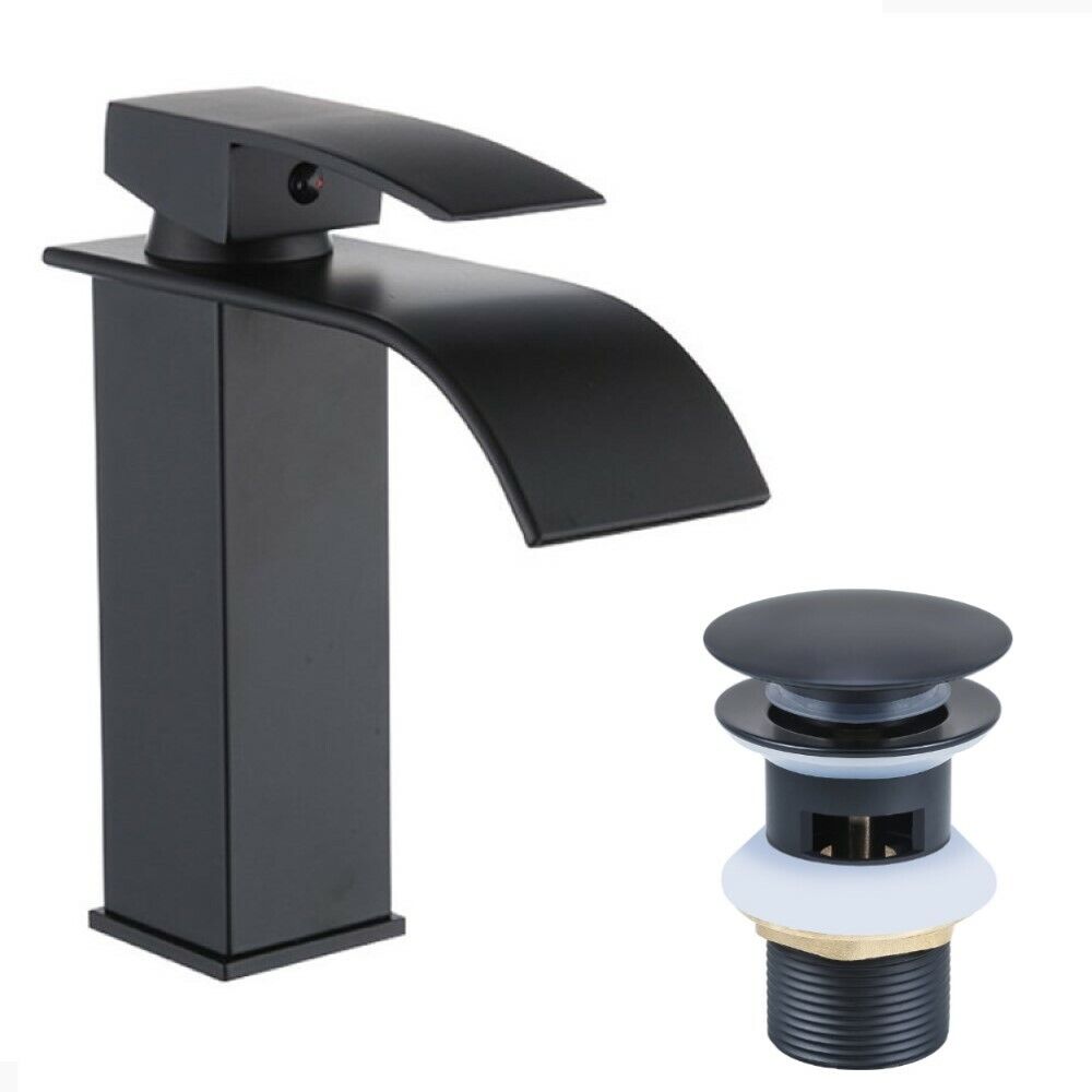 Rubinetto miscelatore lavabo bagno a cascata con piletta acciaio nero Art.79564