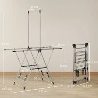 Stendibiancheria Verticale Pieghevole con Ali Regolabili 4 Supporti per Scarpe Barra e Ripiano 139x62,5x201 cm Argento
