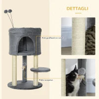 Albero Tiragraffi per Gatti con Casetta e Lettino, Pali in Sisal e Palline, 44.5x44.5x73.5cm, Grigio