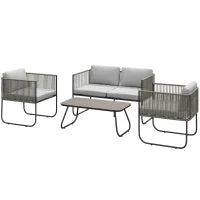 Set da Giardino Rattan con Divanetto 2 Posti, 2 Poltrone e Tavolino in Vetro, Cuscini Sfoderabili, Grigio
