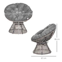 Poltrona Sedia Papasan Girevole a 360° con Cuscino Giardino Rattan 87 × 97 × 90cm Nero