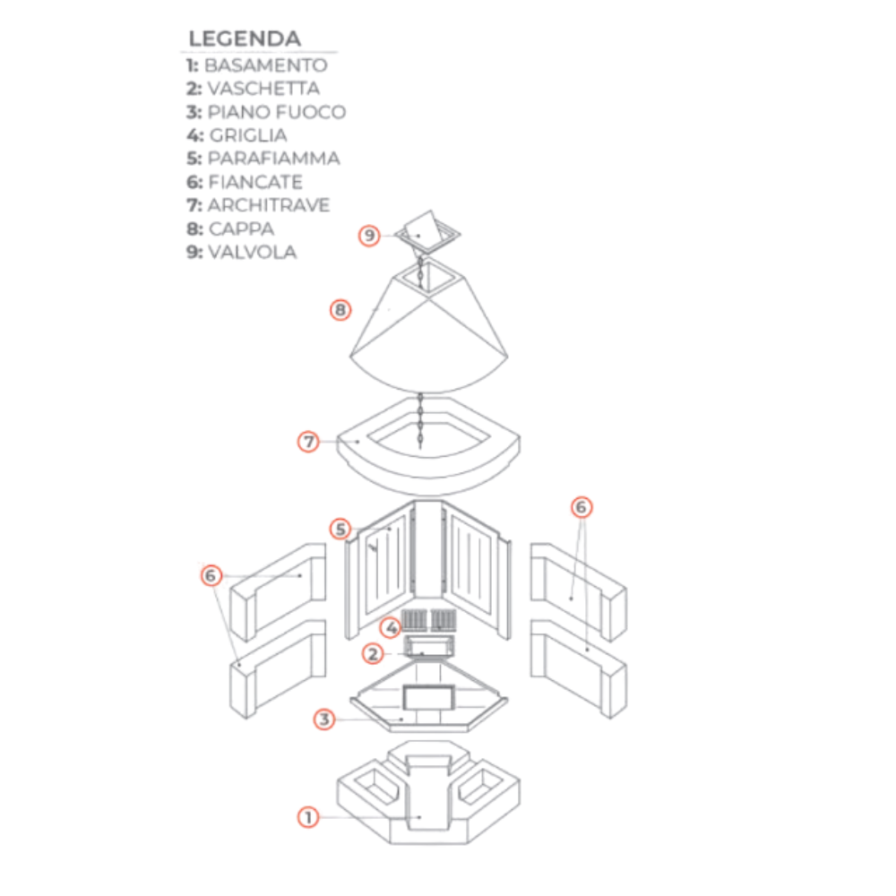Camino a legna prefabbricato con focolare in ghisa aperto rot100tgh esagonale