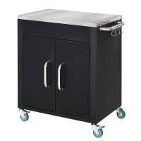 Carrello da Cucina in Acciaio Inox con Armadietto Contenitore e 6 Ganci, 86x50x86.5 cm, Nero