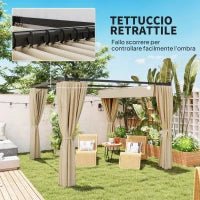 Pergola da Giardino con Tetto Retrattile e Tende, in Metallo e Poliestere, 300x300x227 cm, Beige