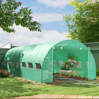 Serra da Giardino a Tunnel 24m² con 16 Finestre, Porta con Zip Avvolgibile, Struttura in Acciaio Zincato, Telo PE, 8L x 3l x 2H m, Verde