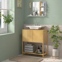 Mobile Sottolavabo Bagno con 2 Ante e Ripiano Aperto, Intaglio a U per Tubi, 70x33x79.5cm, Colore Legno