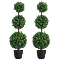 Set di 2 alberi artificiali 101,6 cm 3 boules di bosso topiario pianta finta verde PE con vaso interno ed esterno