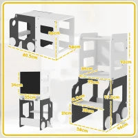 Scala Montessori 4 in 1 per Bambini con 2 Lavagne e Set Tavolo e Sedia, in Legno, 58x46x92 cm, Bianco