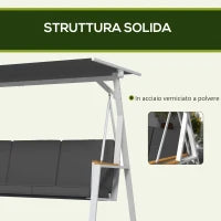 Dondolo da Giardino 3 Posti con Tettuccio Inclinabile, in Acciaio, 205x130x175 cm, Grigio Scuro