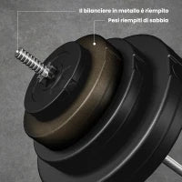 Set di Bilanciere e Dischi da 70 kg totali con 8 Pesi, Bilanciere Palestra Regolabile Antiscivolo in Acciaio, Plastica e Sabbia, Barra Ø25 mm, 170x40.5x40.5cm, Nero