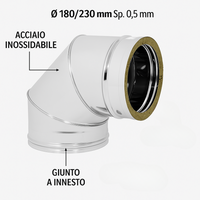 Curva 90° acciaio inox Ø 180/230 mm spessore 0,5 mm canna fumaria doppia parete