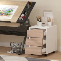 Cassettiera in MDF con 3 Cassetti e Ruote per Ufficio o Studio Bianca e Legno, 40x50x57.5cm