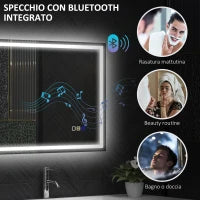 Specchio Bagno Antiappannante con Luce LED Regolabile, Speaker Bluetooth, Pulsanti Touch, 50x70 cm