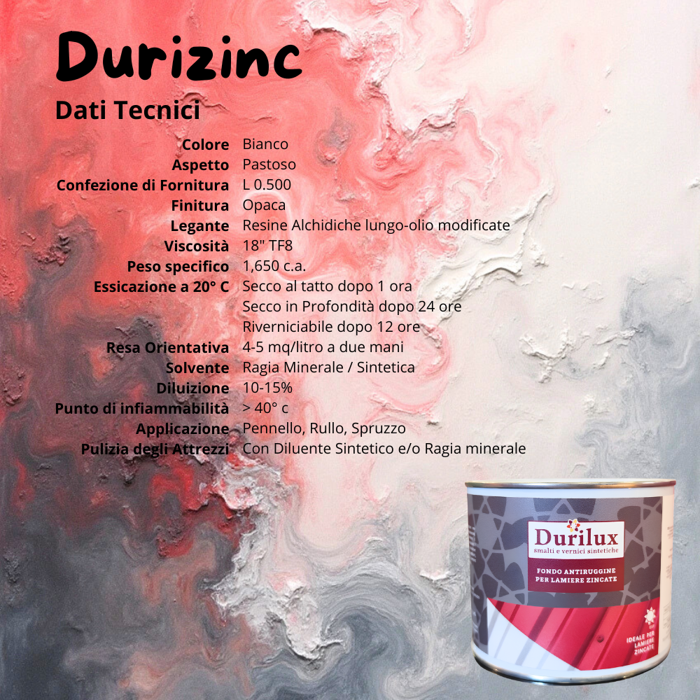 Durizinc fondo ancorante antiruggine lamiere zincate natura alchidica diluibile *** formato 500 ml, confezione 1