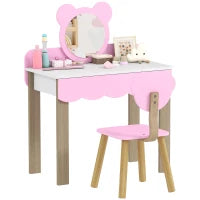Set da Trucco con Sgabello per Bambine, Specchio da Trucco, Design Orsetto, Cassetto, MDF, Rosa