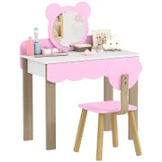 Set da Trucco con Sgabello per Bambine, Specchio da Trucco, Design Orsetto, Cassetto, MDF, Rosa