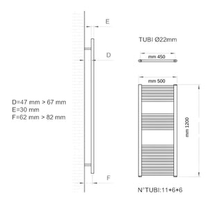 Termoarredo scaldasalviette tubolare tondo acciaio colore bianco opaco *** finitura- bianco opaco, misure h1200xl500x...