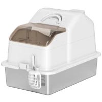 Lettiera per Gatti Chiusa con 2 Tappetini, in Acciaio Inox, ABS e PP, 60.5x40.5x42 cm, Bianca e Argento