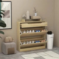 Armadio Portascarpe 2 Cassetti a Ante Abbattibili, 1 Cassetto Scorrevole, 1 Piano di Appoggi e 1 Ripiano in Vetro Etagere Regolabile