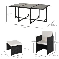 Set 11 PZ Mobili da Giardino in Rattan da Esterno con Tavolo in Vetro Temperato e Cuscini, Set da Pranzo, Nero