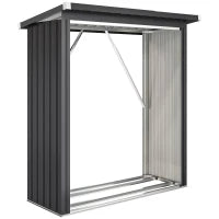 Capanno Portalegna in Acciaio da Esterno, Base Rialzata e Tetto Inclinato, 150x66.5x150 cm, Grigio Scuro