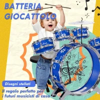Set Batteria per Bambini con Grancassa con Pedale, Tamburi, Piatto e Sgabello, Età 3-6 Anni, Blu