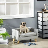 Divanetto per Cani e Gatti Stile Scandinavo con Cuscino Imbottito in Velluto e Legno, 64x45x36cm, Grigio