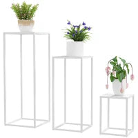 Set di 3 supporti per piante quadrato in metallo impilabile interno ed esterno, per giardino, balcone, casa, bianco