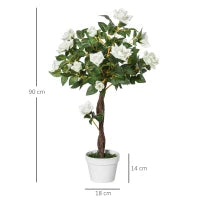 Pianta Finta di Rosa da 21 Fiori con Vaso Riempito in Cemento e Muschio, Pianta Artificiale in Plastica e Tessuto, Ø18x90 cm, Bianco e Verde